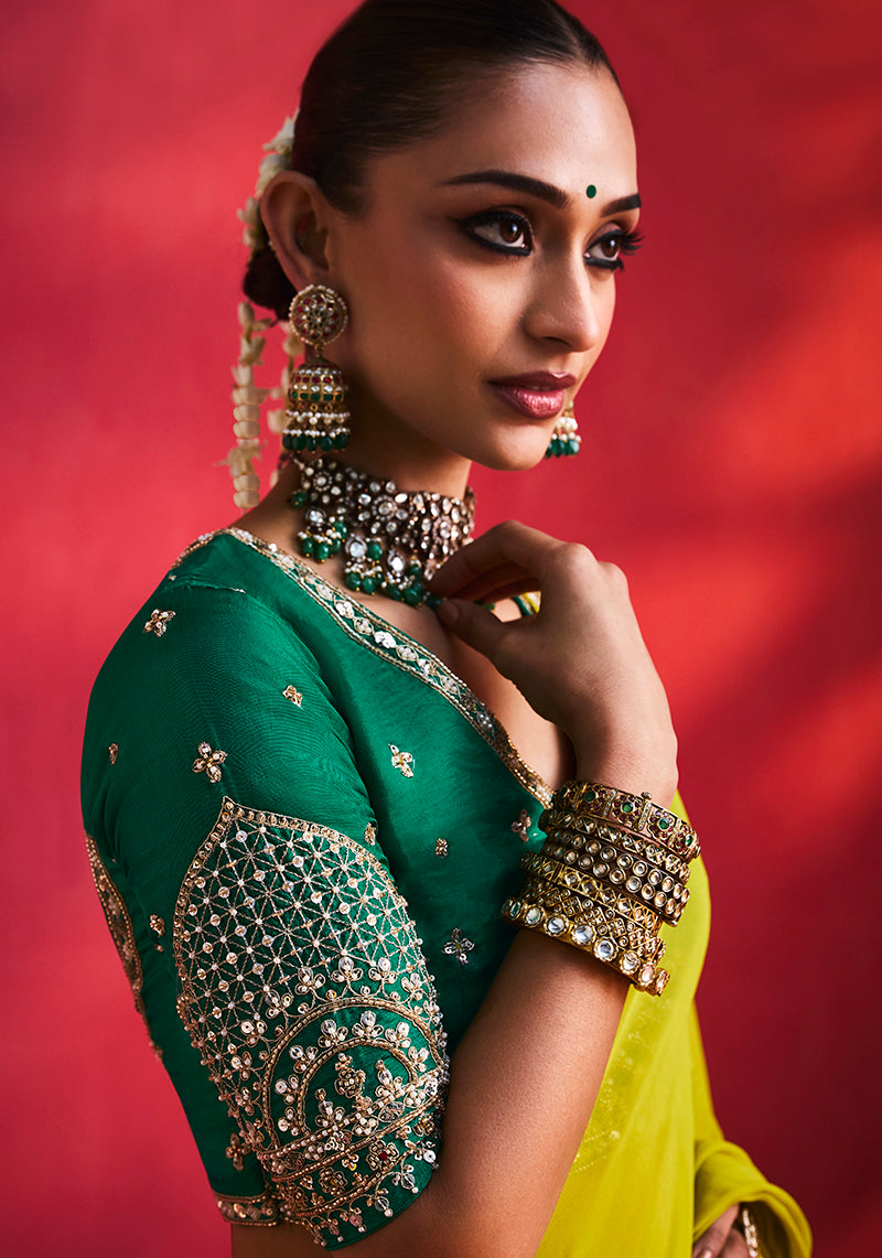 Lime Green Silk Blend Saree with Dark Green Blouse, blouse side