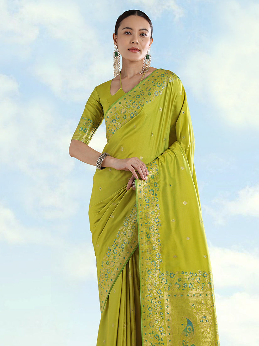 Light Green Banarasi-Style Satin Saree with Peacock Pallu, three-quarter view