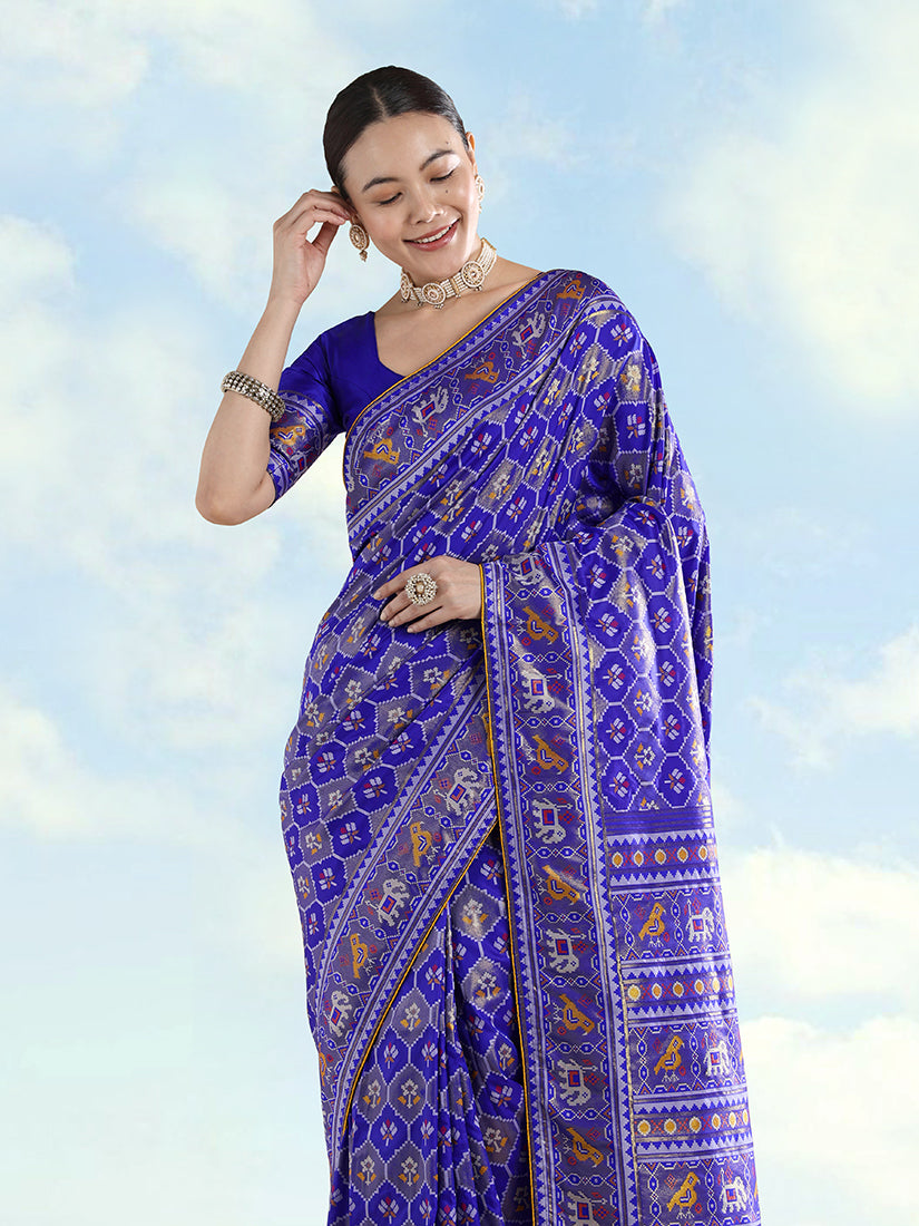 Navy Blue Patola-Style Satin Saree with Elephant Motifs, three-quarter view