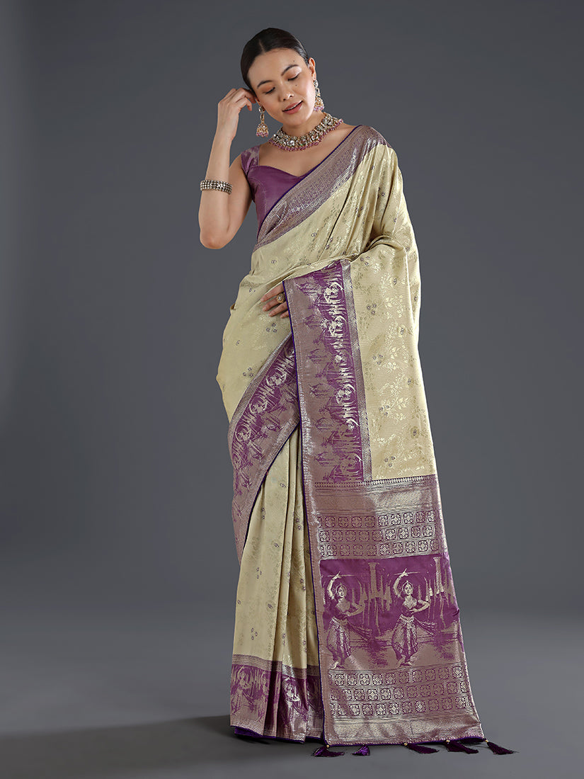 Cream Banarasi-Style Silk Blend Saree with Dancer Motif Pallu, front drape