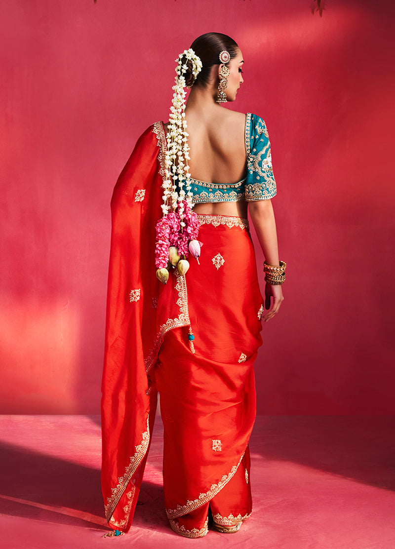 Red Silk Blend Saree with Teal Blue Blouse, back