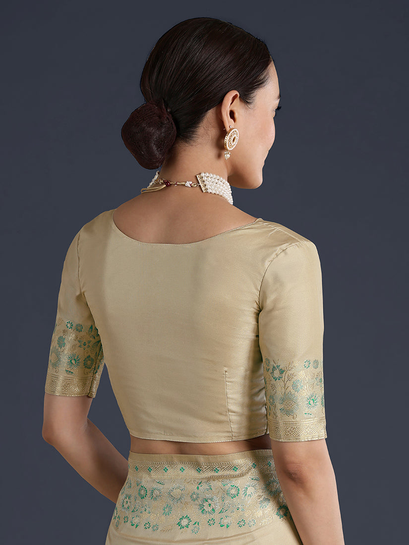 Cream Banarasi-Style Satin Saree with Peacock Pallu, blouse back