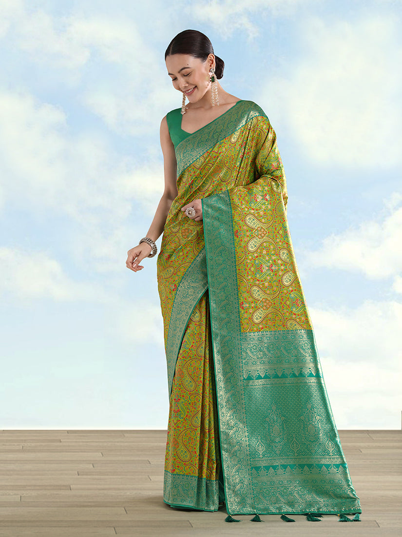Lemon Green Banarasi-Style Silk Blend Saree with Paisley Weave, front drape