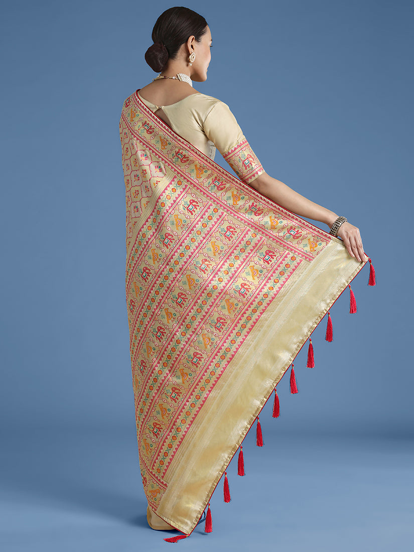 Cream Patola-Style Satin Saree with Elephant Motifs, back with pallu