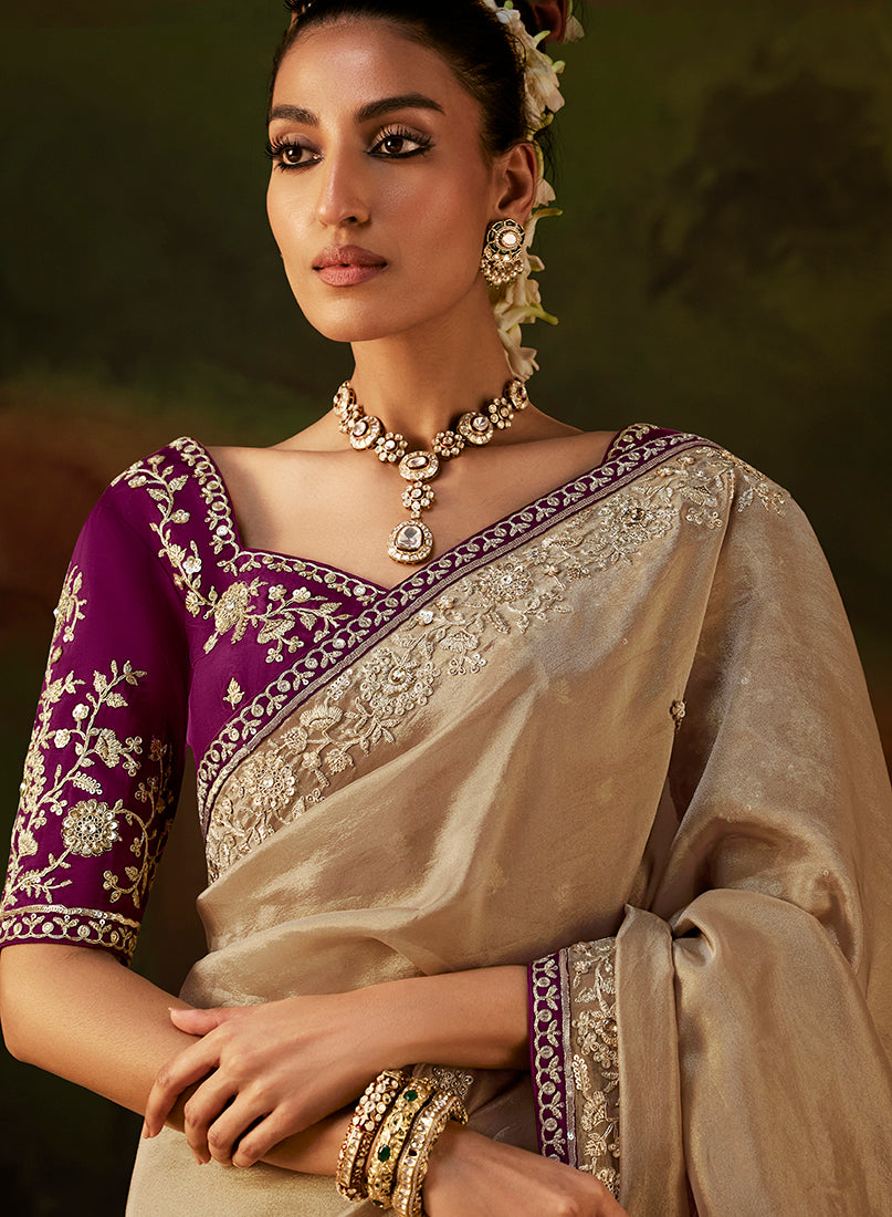 Beige Faux Tissue Saree with Embroidered Scalloped Border, blouse front