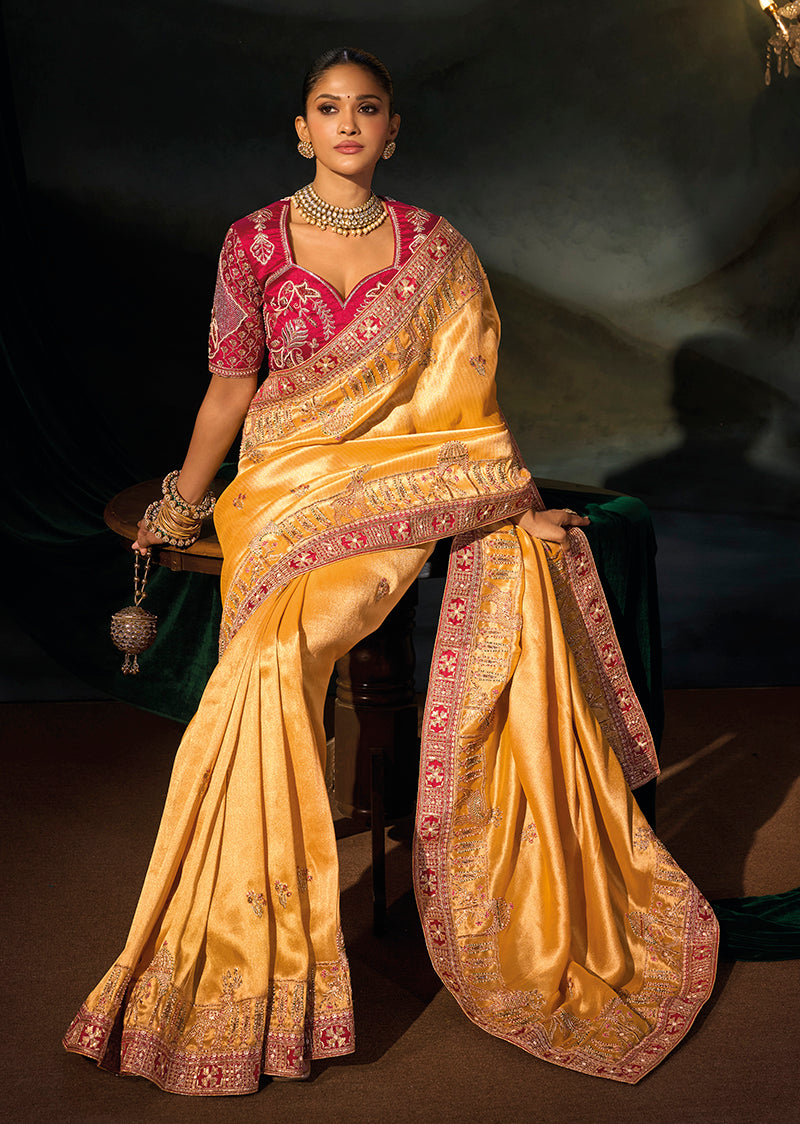Mustard Silk Blend Saree with Wide Embroidered Border, side drape