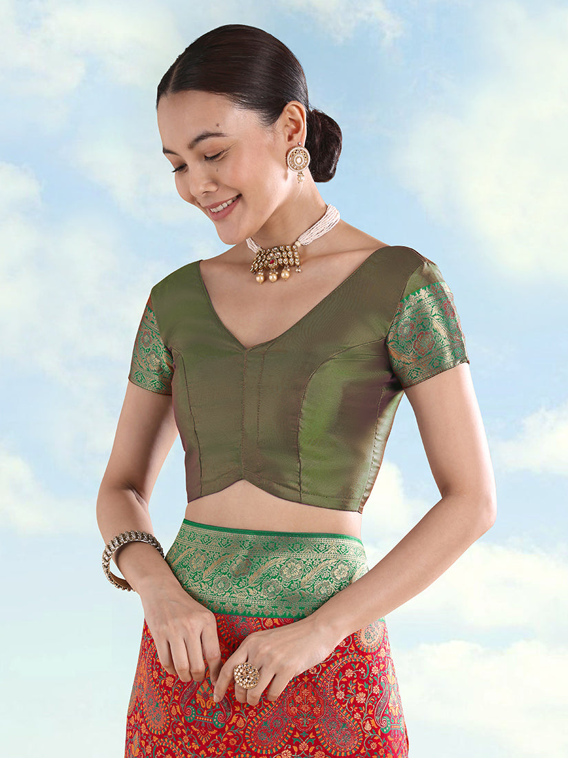 Red Banarasi-Style Silk Blend Saree with Paisley Weave, blouse front