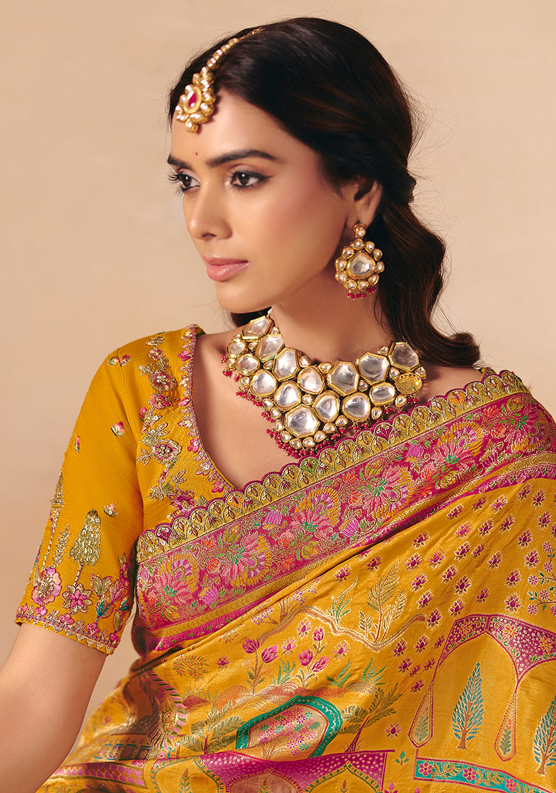 Mustard Silk Blend Saree with Contrast Embroidered Pallu, blouse front
