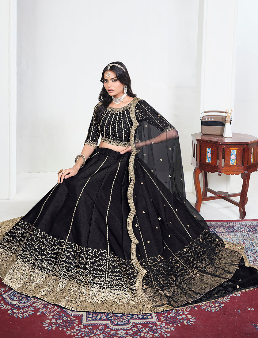 Black Art Silk Embroidered Lehenga Choli, seated view