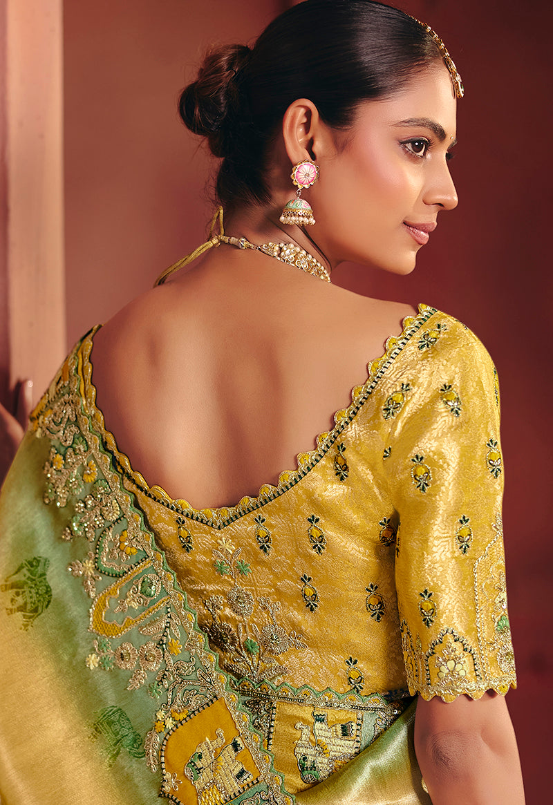 Mustard Silk Blend Saree with Embellished Embroidered Border, blouse front