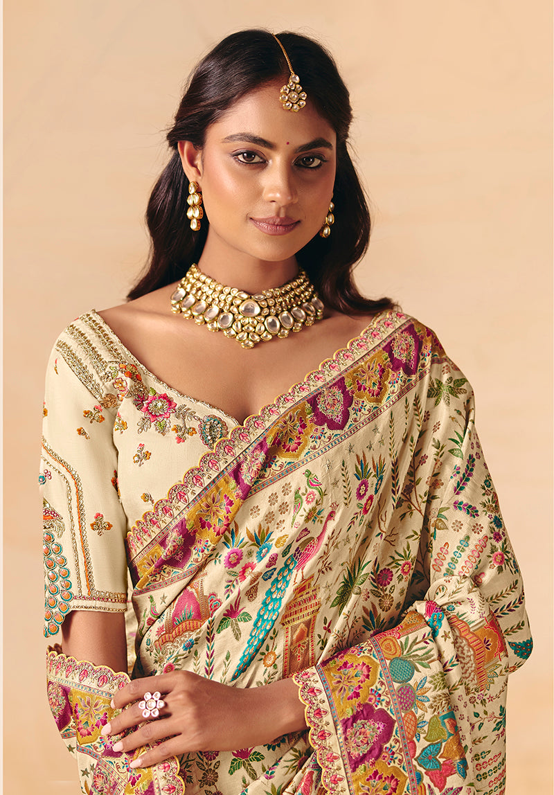 Cream Silk Blend Saree with Scalloped Embroidered Border, blouse side