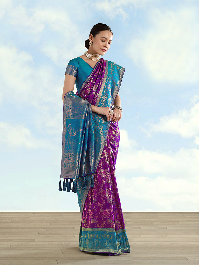 Purple Banarasi-Style Silk Blend Saree with Dancer Motif Pallu, front drape