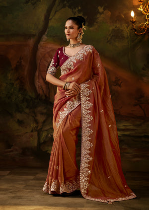 Rust Orange Faux Tissue Saree with Embroidered Scalloped Border