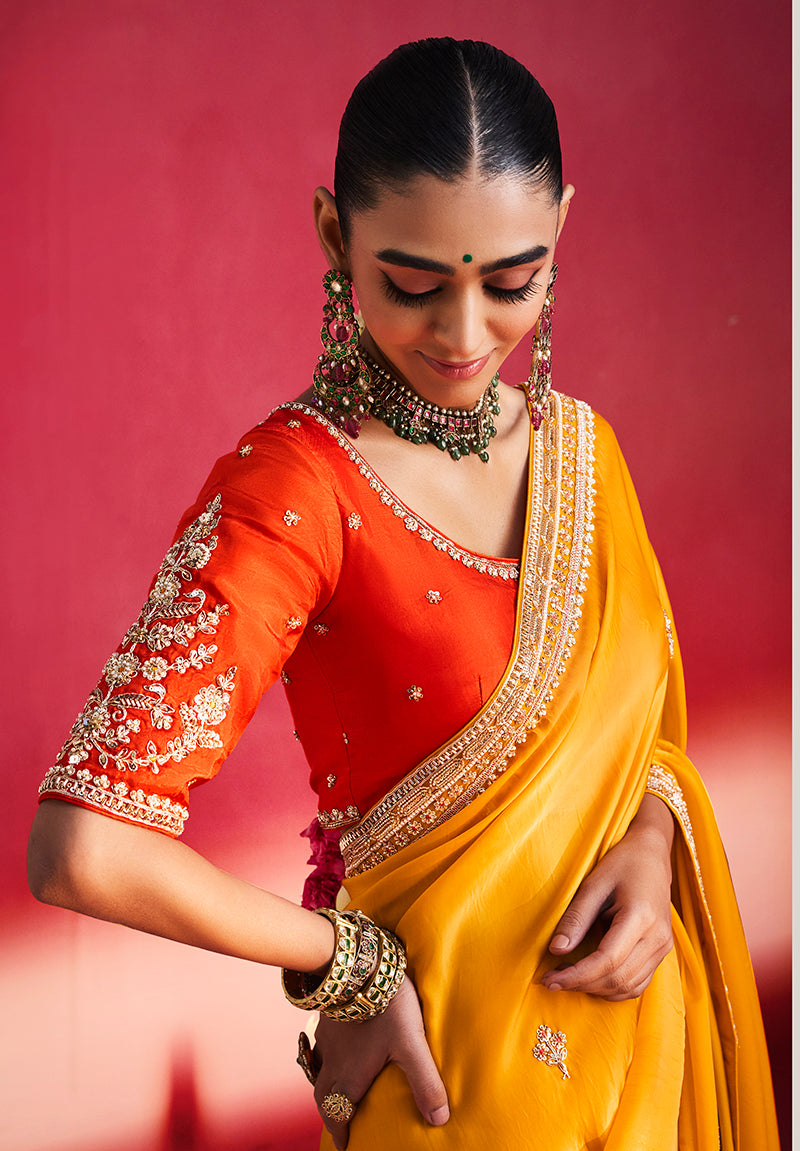 Mustard Yellow Silk Blend Saree with Red Blouse, blouse three-quarter view