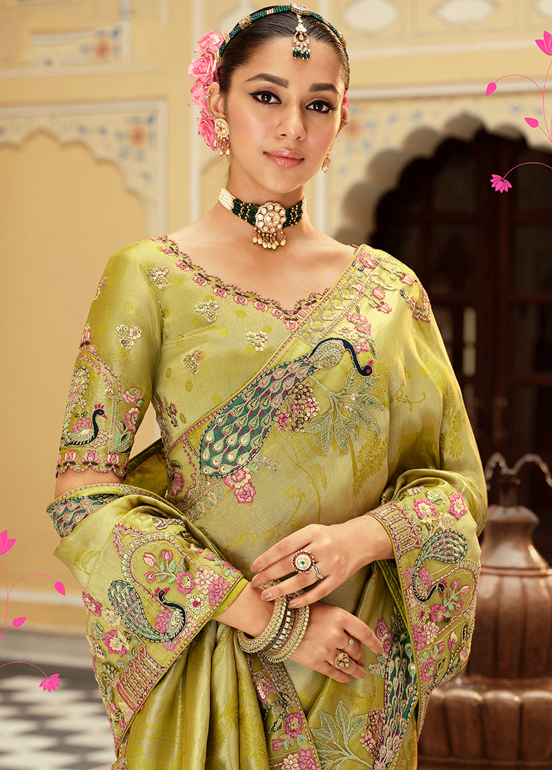 Light Green Silk Blend Saree with Zari Embroidered Border, blouse front