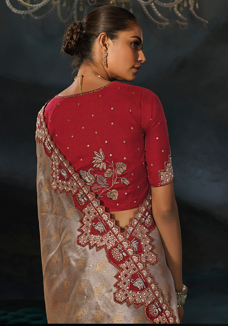 Gray Silk Blend Saree with Beaded Floral Pallu, back of blouse