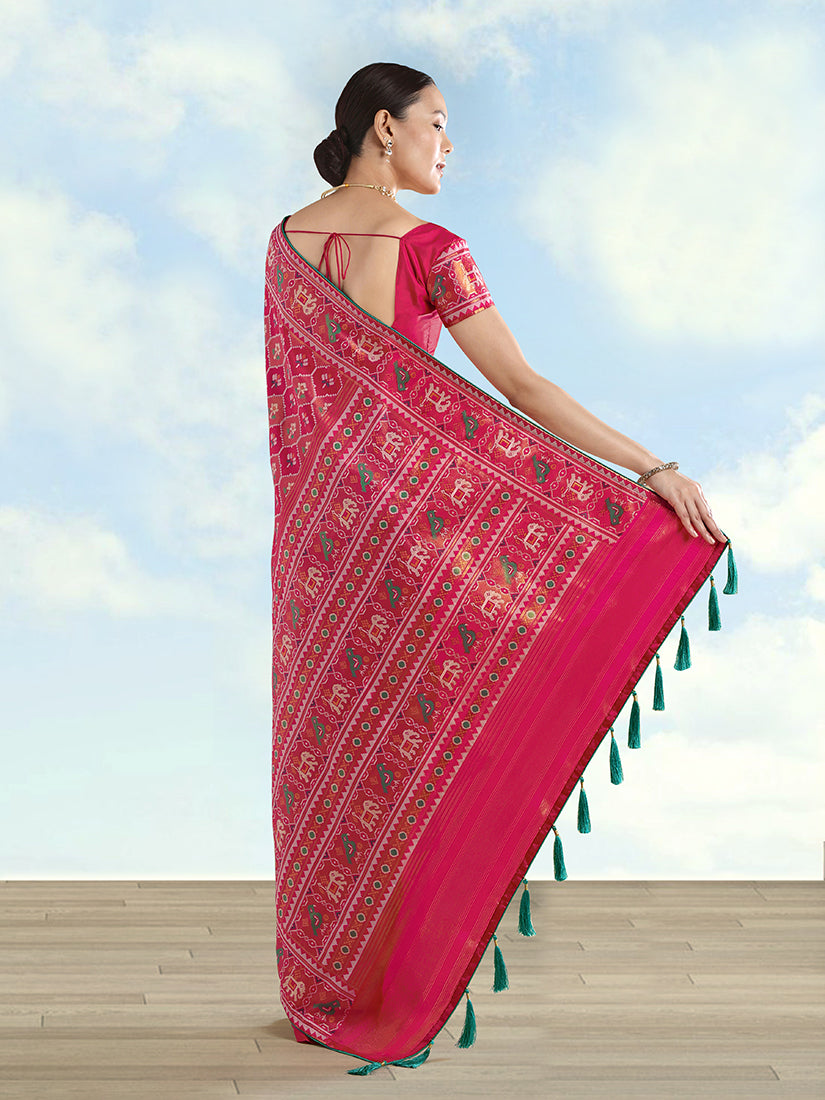 Rani Pink Patola-Style Satin Saree with Elephant Motifs, back with pallu
