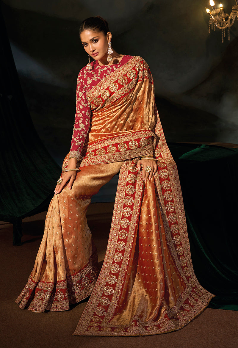 Copper Silk Blend Saree with Wide Floral Medallion Border, side drape