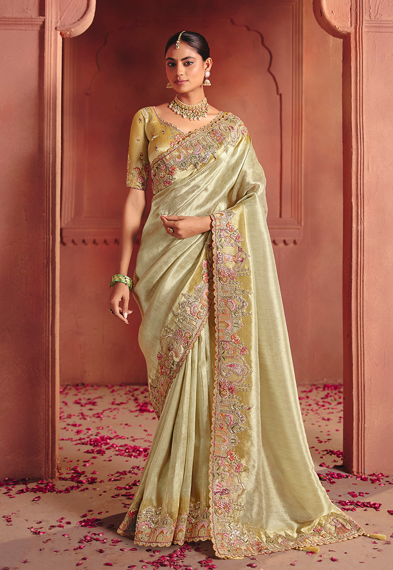 Light Green Silk Blend Saree with Embellished Embroidered Border, front