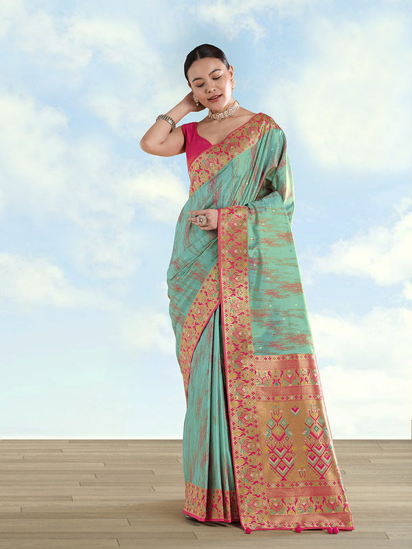 Sky Blue Paithani-Style Tissue Silk Saree with Contrast Border, front