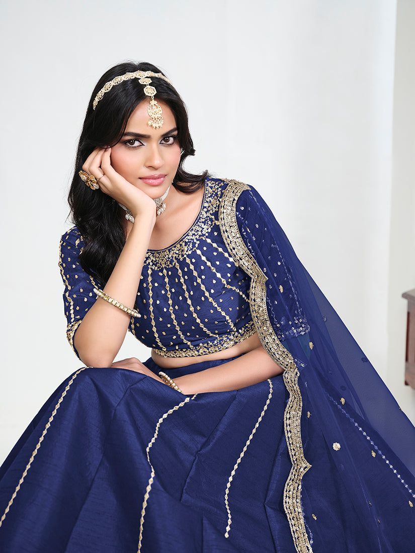 Navy Blue Art Silk Embroidered Lehenga Choli, choli close-up