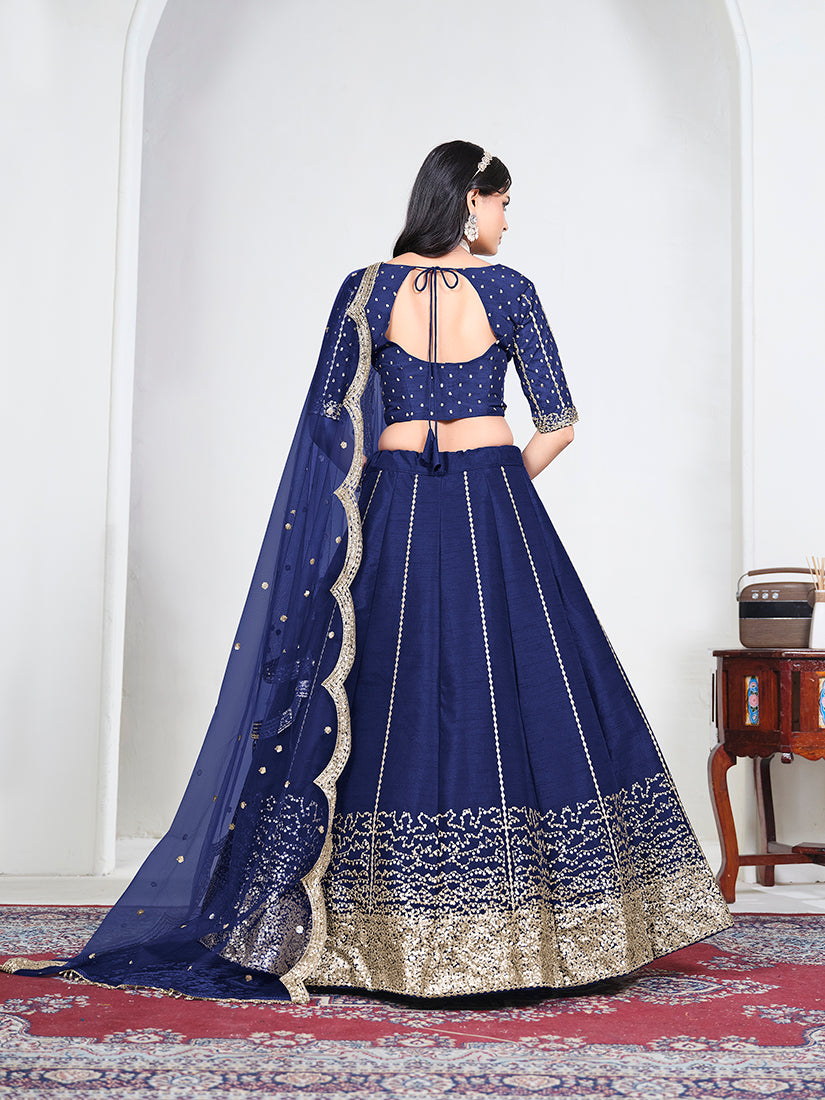 Navy Blue Art Silk Embroidered Lehenga Choli, back