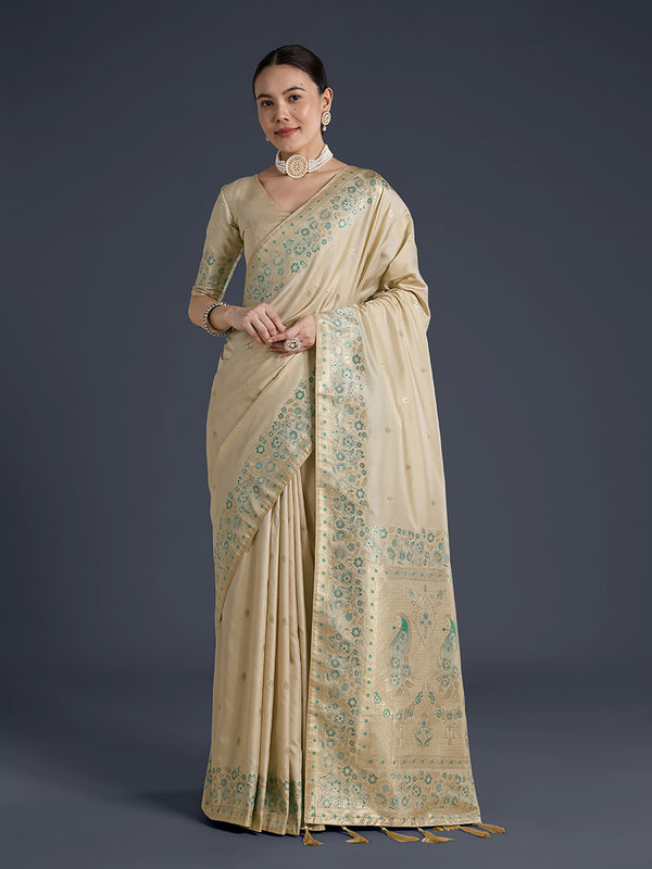 Cream Banarasi-Style Satin Saree with Peacock Pallu, front