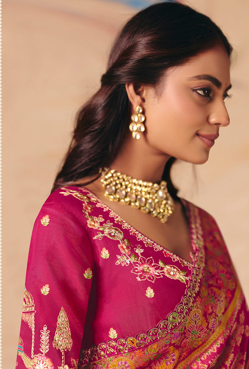 Rani Pink Silk Blend Saree with Zari Floral Motifs, blouse front
