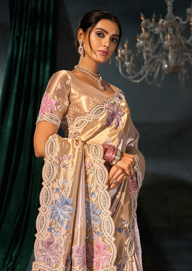 Rose Gold Silk Blend Saree with Scalloped Floral Border, blouse and pallu embroidery close-up