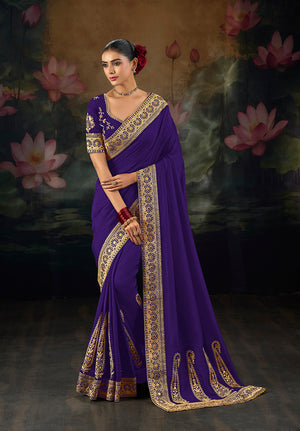 Purple Silk Blend Saree with Scrollwork Pallu