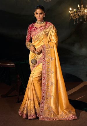 Mustard Silk Blend Saree with Wide Embroidered Border