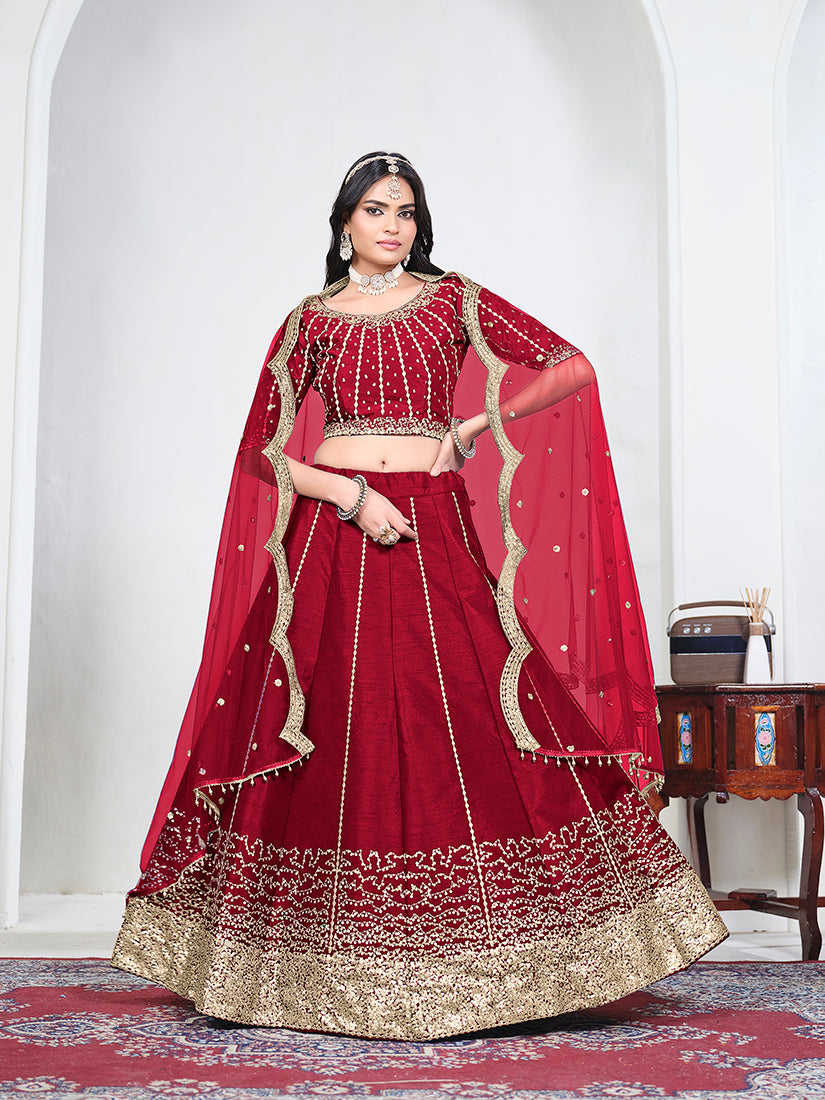 Red Art Silk Embroidered Lehenga Choli, front