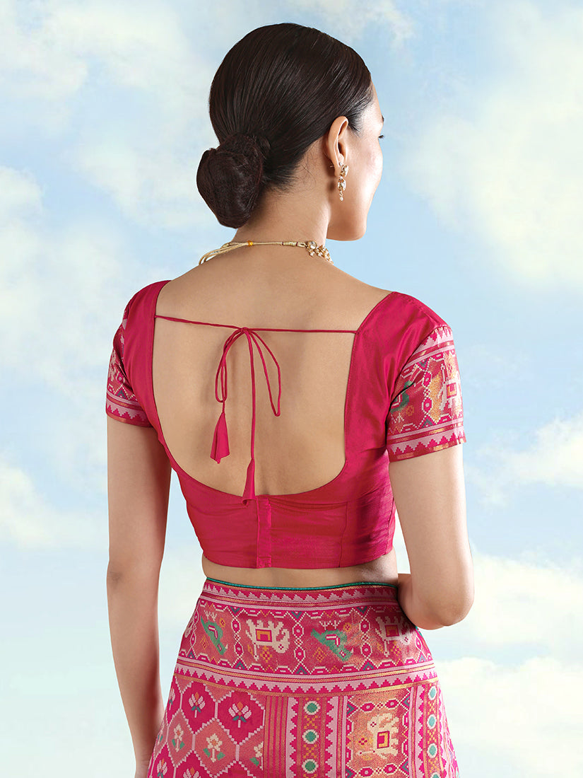 Rani Pink Patola-Style Satin Saree with Elephant Motifs, blouse back