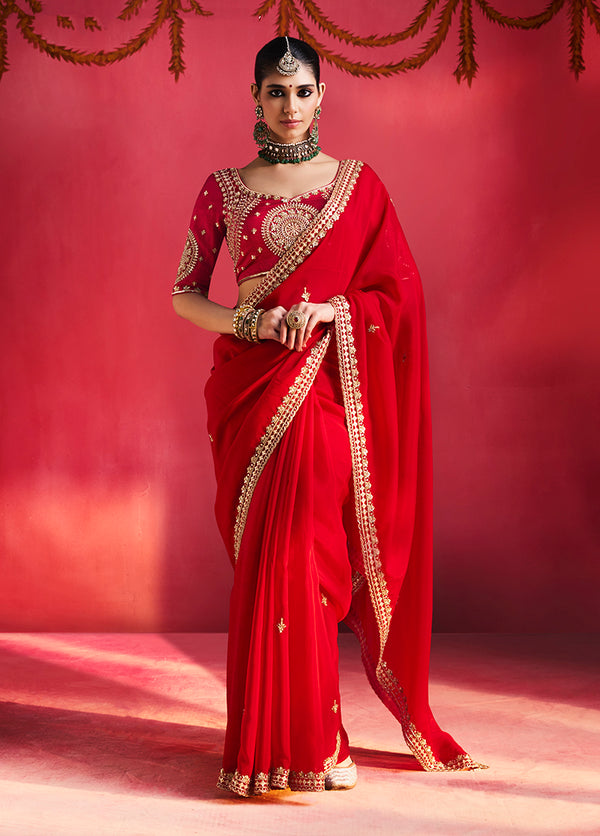 Red Silk Blend Saree with Embroidered Blouse, front