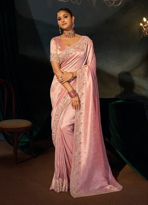 Pink Silk Blend Saree with Delicate Floral Border