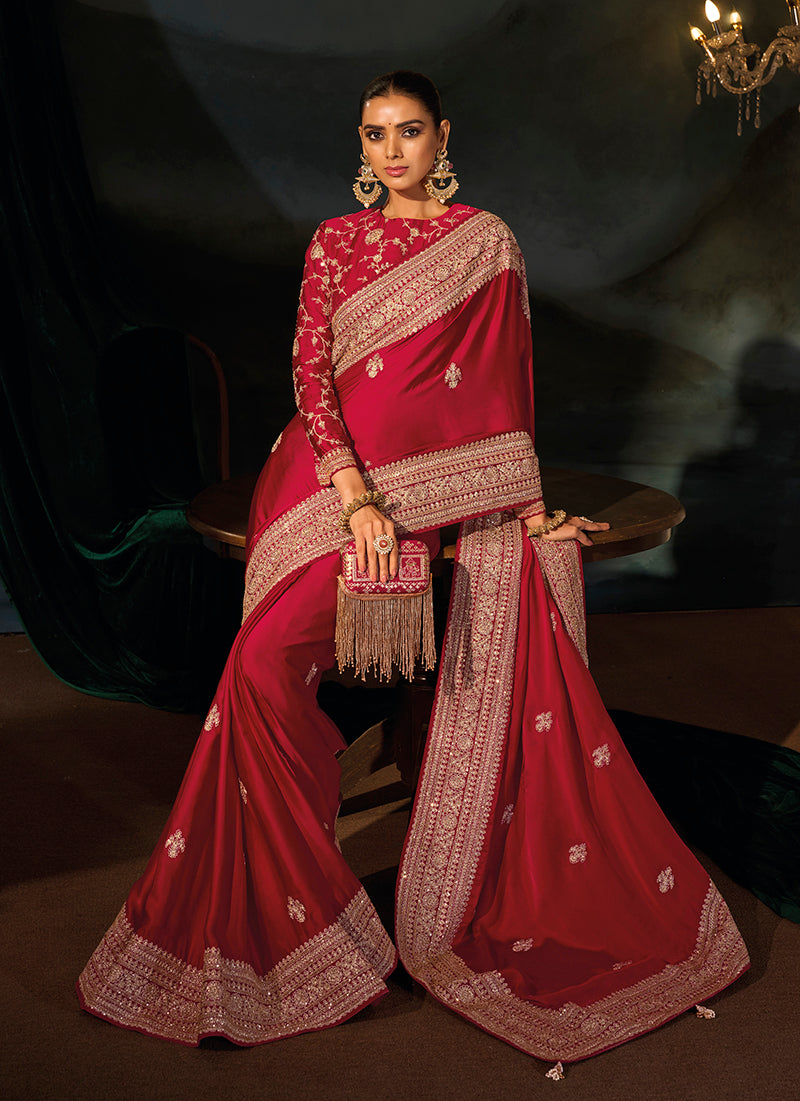 Red Satin Saree with Embroidered Border, side border detail