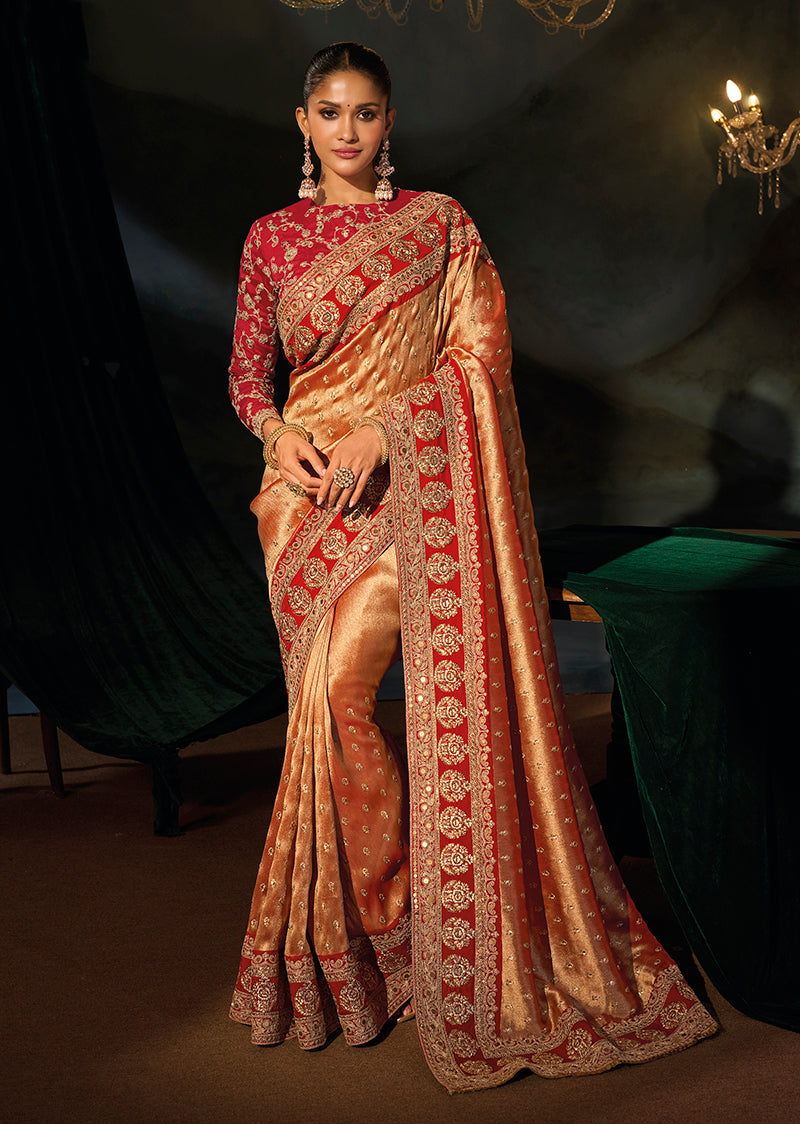 Copper Silk Blend Saree with Wide Floral Medallion Border, front