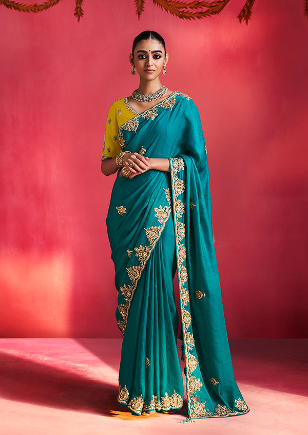 Teal Blue Silk Blend Saree with Yellow Blouse, front