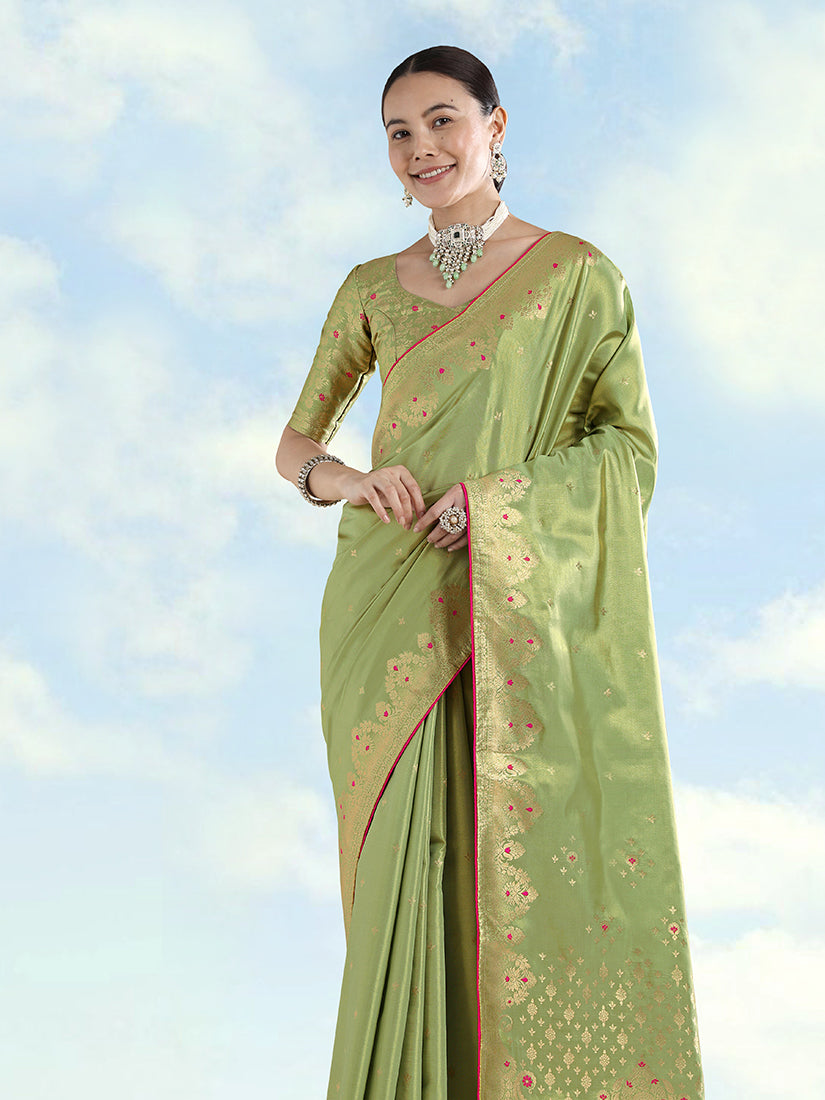 Parrot Green Tissue Silk Saree with Zari Paisley Pallu, three-quarter view