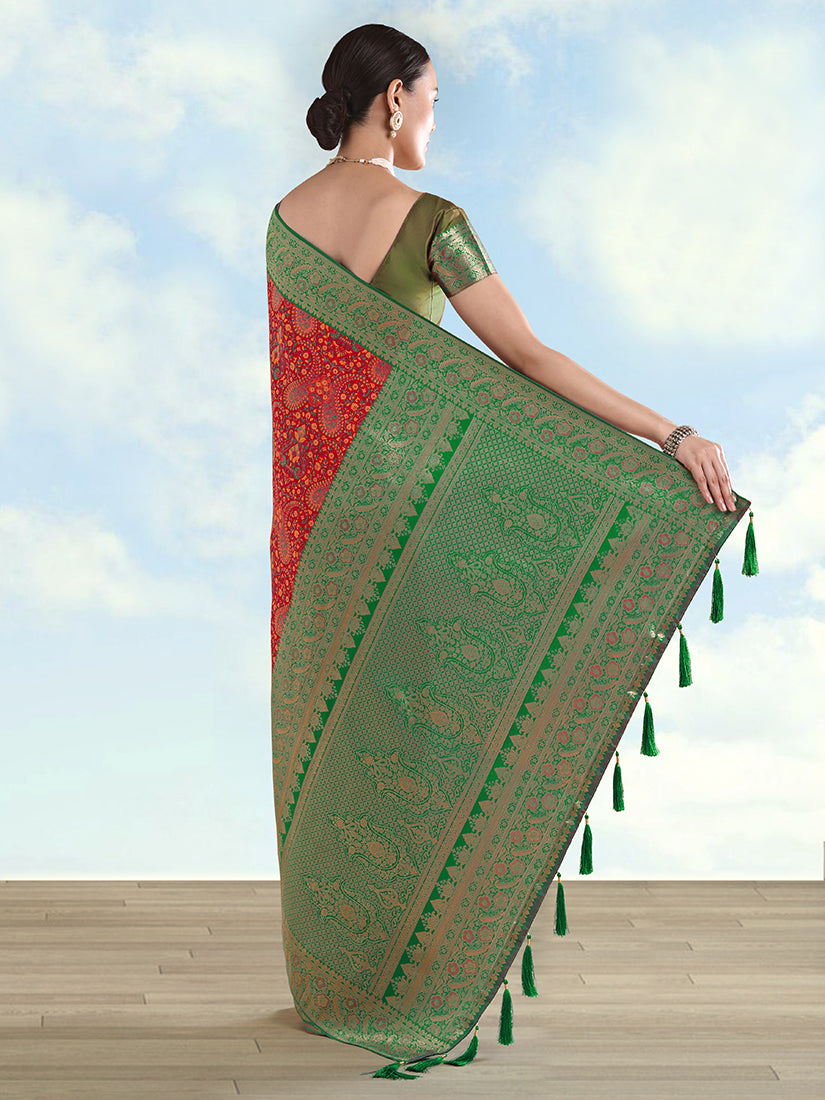 Red Banarasi-Style Silk Blend Saree with Paisley Weave, back with pallu