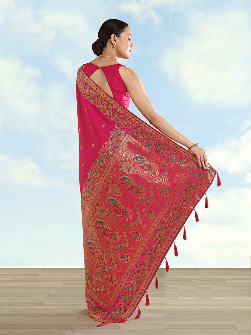 Rani Pink Banarasi-Style Satin Saree with Peacock Pallu, back with pallu