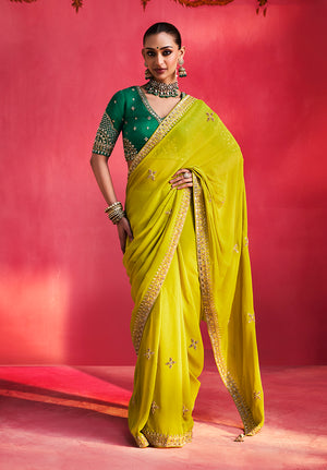 Lime Green Silk Blend Saree with Dark Green Blouse