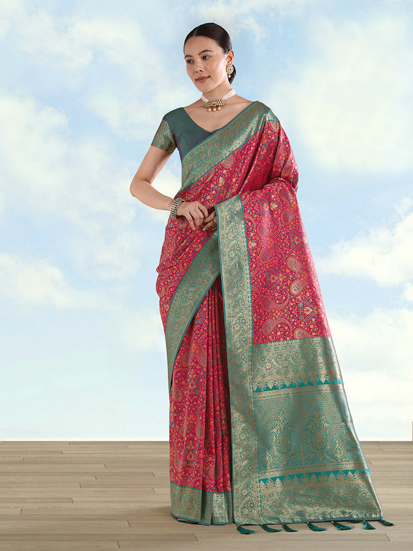 Rani Pink Banarasi-Style Silk Blend Saree with Paisley Weave, front drape