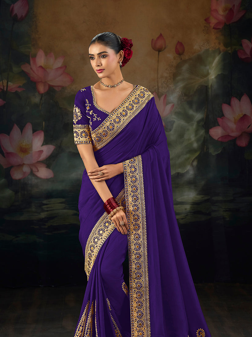 Purple Silk Blend Saree with Scrollwork Pallu, side drape