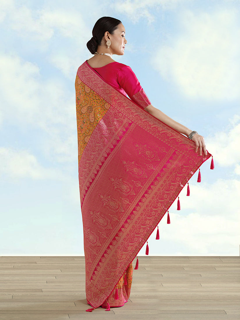 Mustard Banarasi-Style Silk Blend Saree with Paisley Weave, back with pallu
