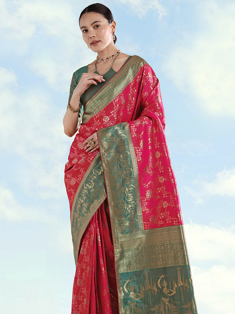 Rani Pink Banarasi-Style Silk Blend Saree with Dancer Motif Pallu, three-quarter view