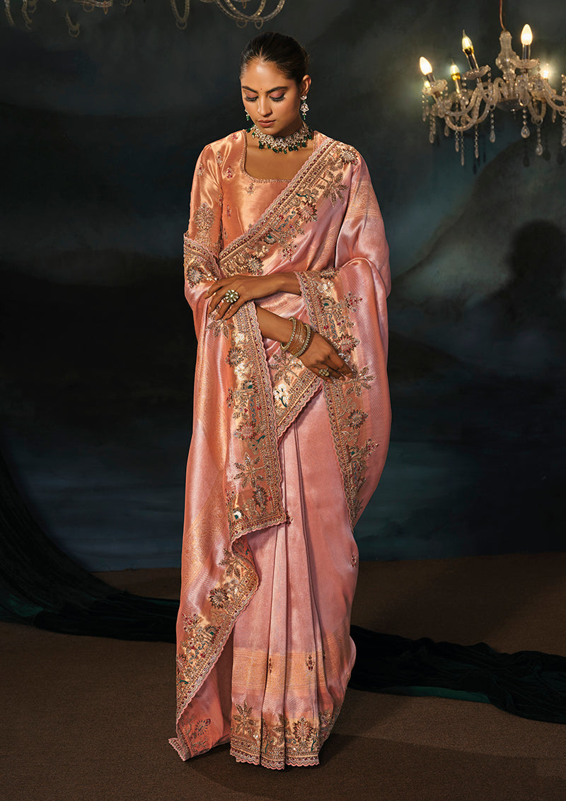 Peach Silk Blend Saree with Embroidered Floral Pallu, pallu drape