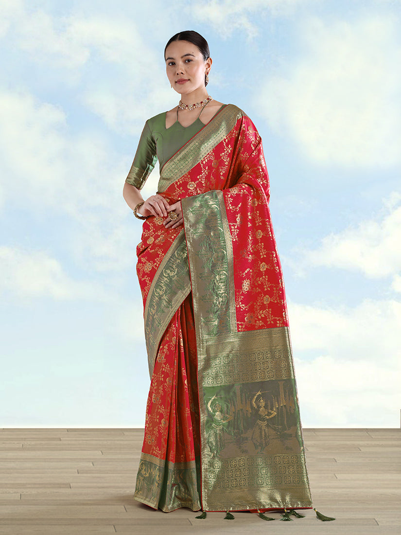 Red Banarasi-Style Silk Blend Saree with Dancer Motif Pallu, front drape