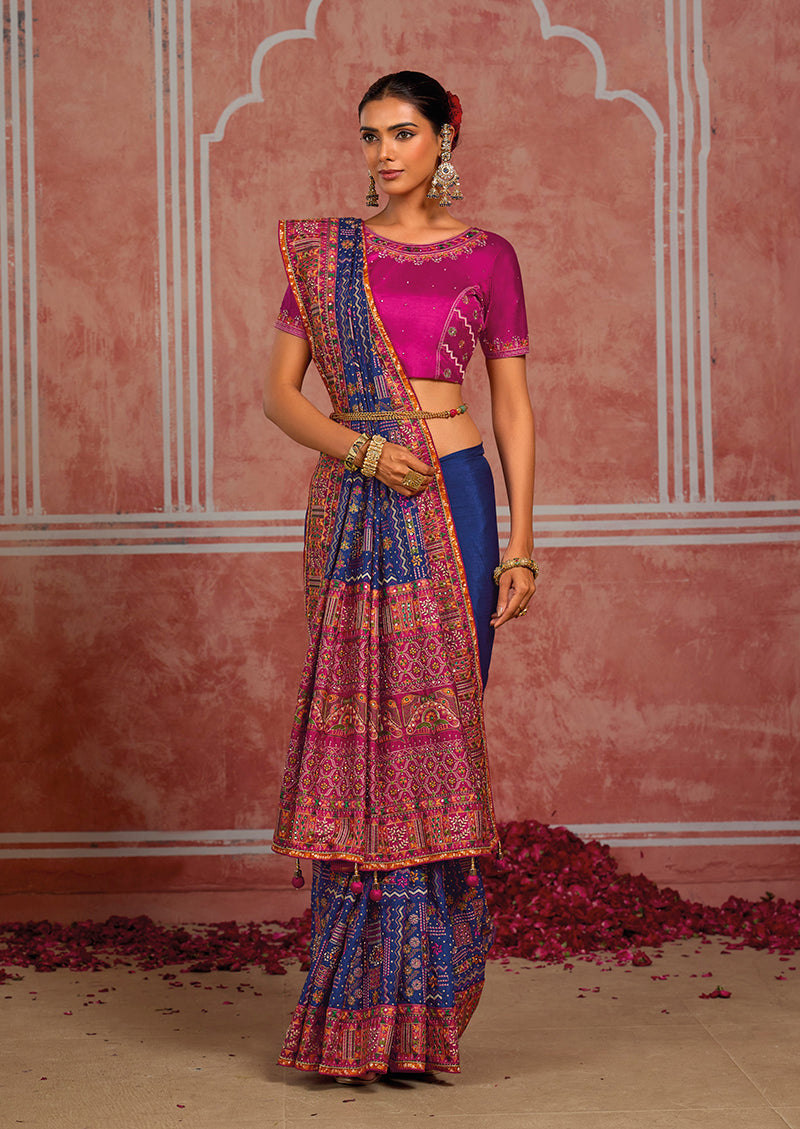 Royal Blue Silk Blend Saree with Ornate Border, pleats and border detail
