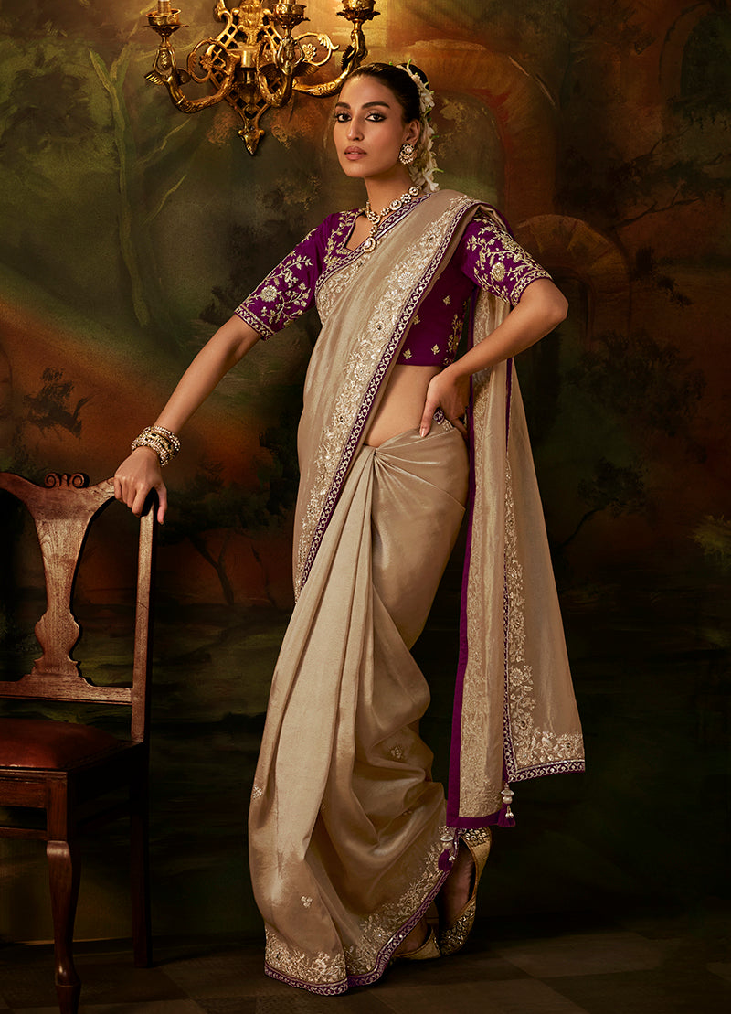 Beige Faux Tissue Saree with Embroidered Scalloped Border, front